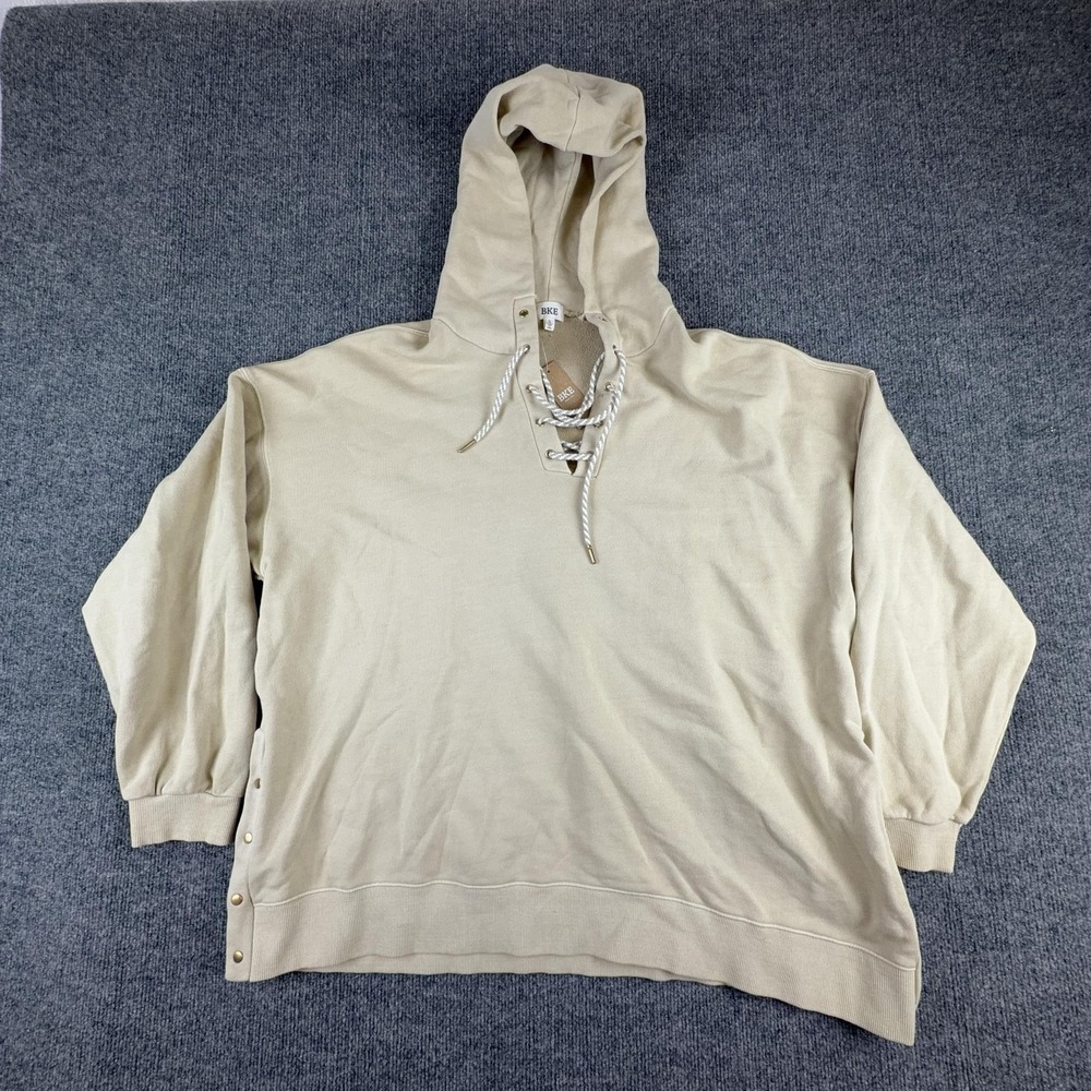 BKE Lace Up Hoodie Womens Large Beige Terry Pullover Sweatshirt‎ Side Snaps